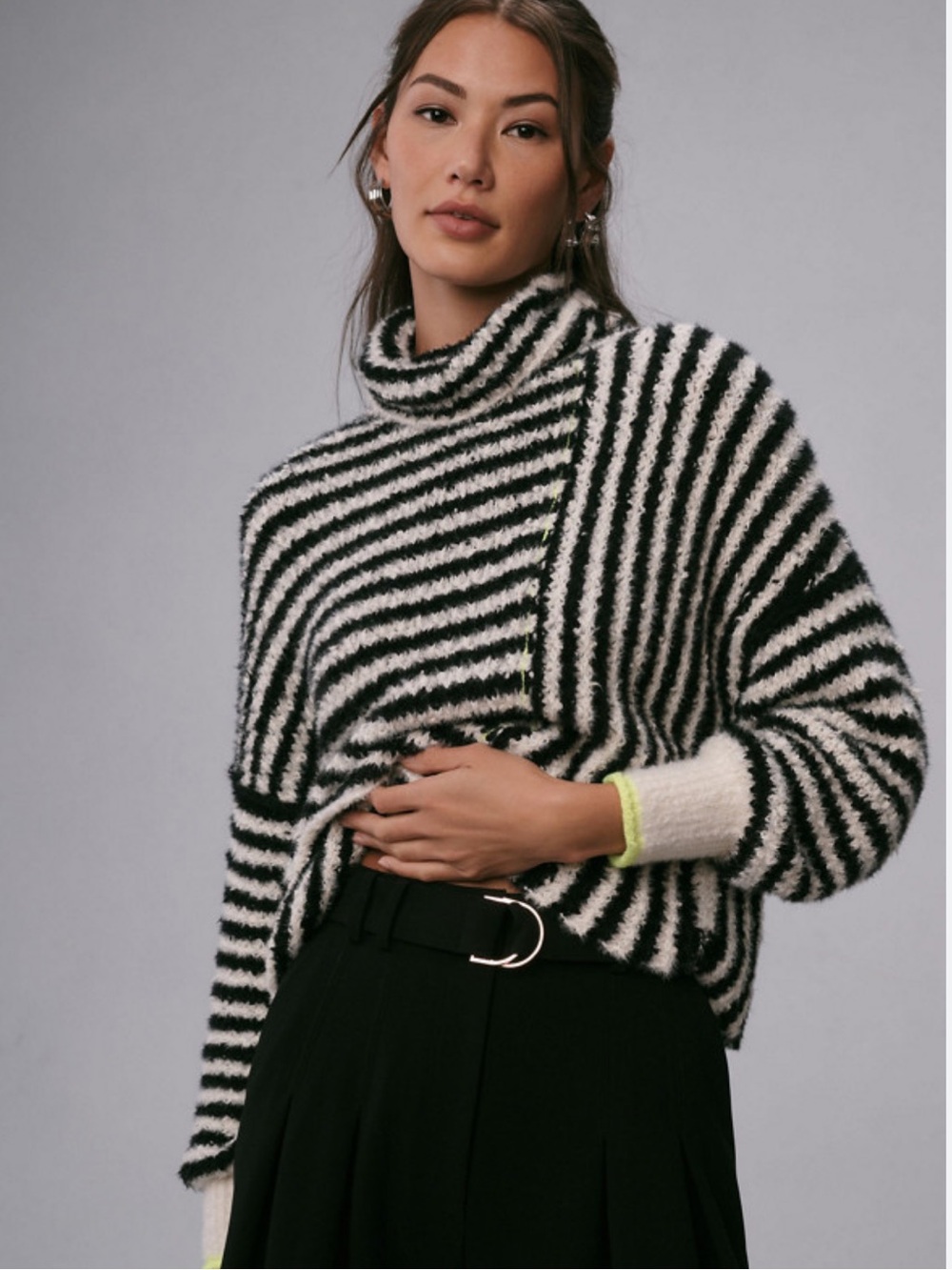 Pilcro Anthropologie striped Black & White Turtleneck Sweater with Neon Cuff